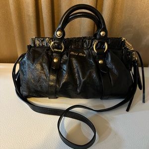 Authentic -used MIU MIU Logo 2Way Shoulder Bag/Hand Bag Black Distressed Leather